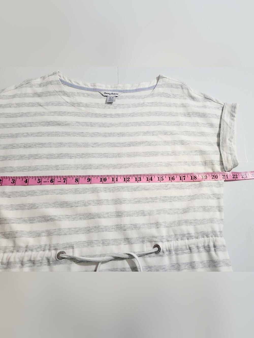 Tommy Bahama Striped Drawstring Dress Medium White Gray Cotton Blend Pockets - Picture 8 of 11